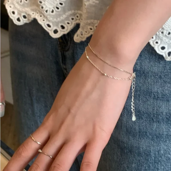 Sterling Silver Double Bead Chain, Solid Bone Design, Korean Style, Cool and Simple