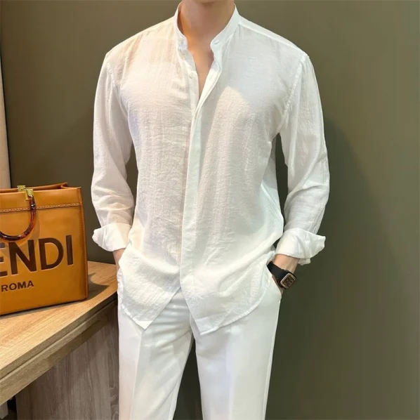 【7S Clothes】スタンドカラー クリンクル リネン長袖シャツ (バンドカラー メンズ)